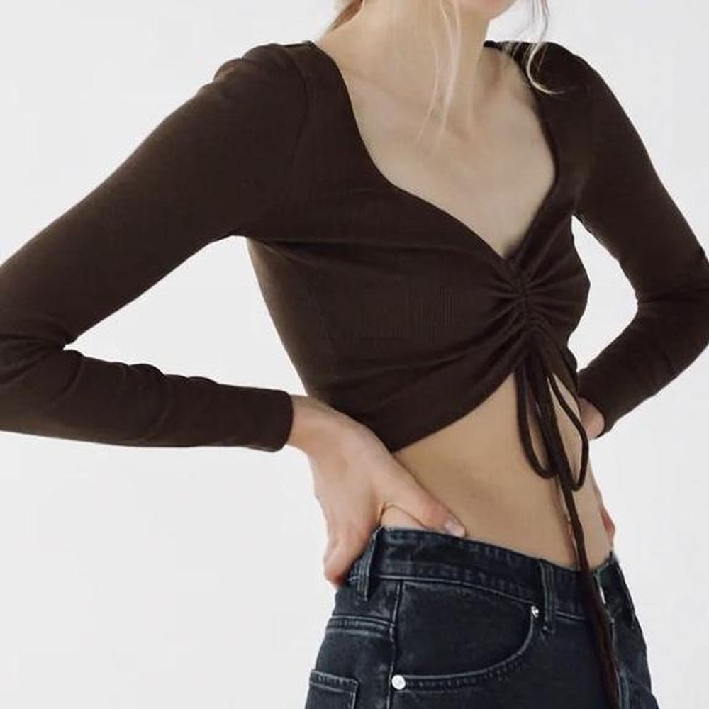 ZARA BROWN LONG SLEEVE RUCHED TOP